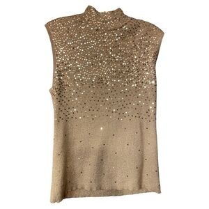 Once Again Womens Gold Sequin Mock Neck Party Sweater Sleeveless‎ Ribbed Glam